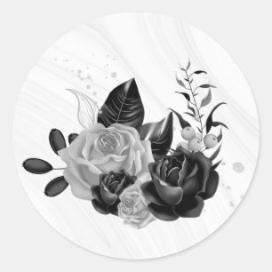 Sticker Rond gris argenté et mariage floral noir