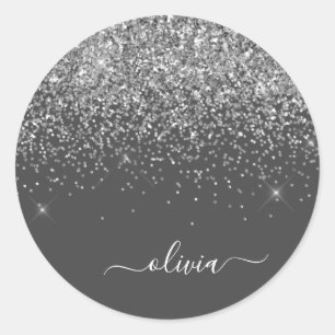 Sticker Rond Gris argenté paillettes scintillantes monogramme n