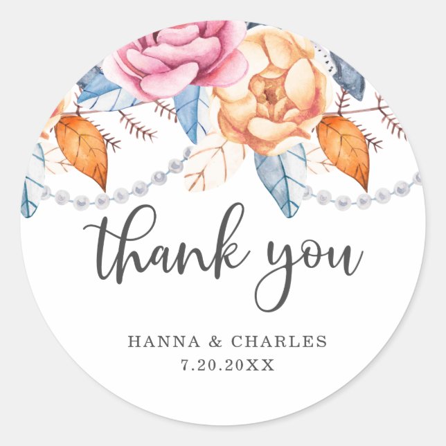 Sticker Rond Gris Bleu Brûlé Orange Merci Floral (Devant)