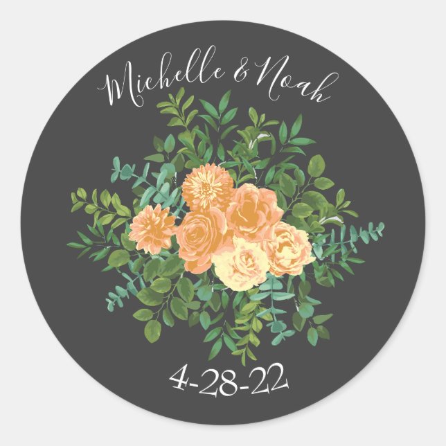 Sticker Rond Gris foncé Pêche Mariage Floral moderne (Devant)