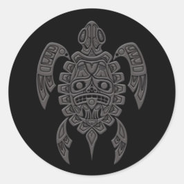 Sticker Rond Gris Haida Spirit Tortue marine sur Noir