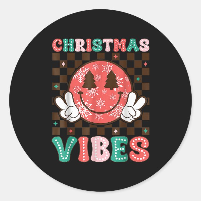 Sticker Rond Groovy Christmas Vibes Happy Smile Face Xmas Holid (Devant)