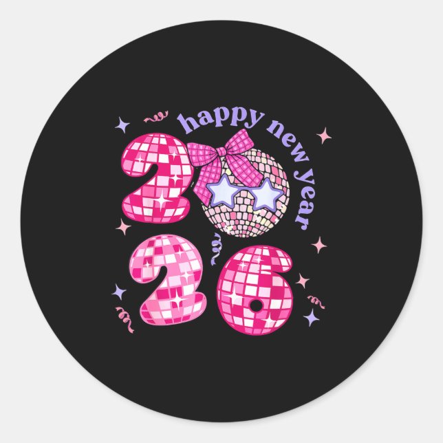 Sticker Rond Groovy Happy New Year Party 2026 Girls Kids Toddle (Devant)