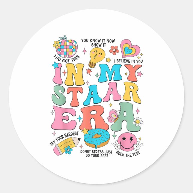 Sticker Rond Groovy In My Starr Era Testing Day Teacher Kids Mo (Devant)
