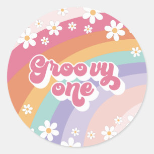 Sticker Rond Groovy One Rétro Arc-en-ciel 1er Anniversaire