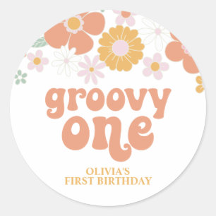 Sticker Rond Groovy One Rétro Floral premier anniversaire Class