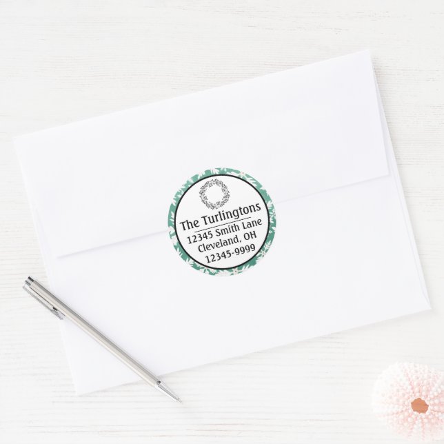 Sticker Rond Gros flocons blancs tombant Adresse de retour vert (Enveloppe)
