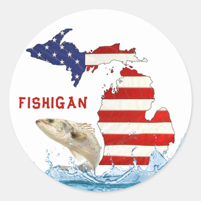 Sticker Rond Gros poissons dans l'eau avec le drapeau du Michig (Devant)