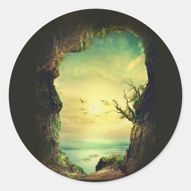Sticker Rond Grotte surplombant une mer tropicale Photo Pittore (Devant)