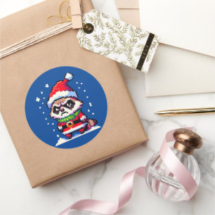 Sticker Rond Grumpy Christmas Raccoon - Drôle Pixel Art Holiday