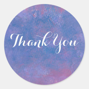 Sticker Rond Grunge Abstrait en bleu violet et Merci rouge