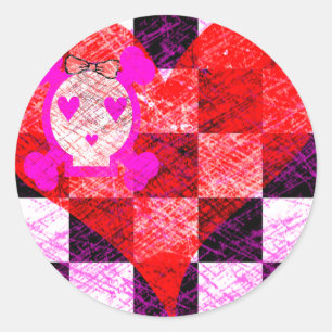 STICKER ROND GRUNGY GIRLY SKULLY HEART CHECKERS