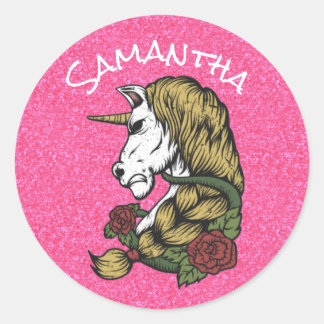 Sticker Rond Guerrier Unicorn Party Pride rose