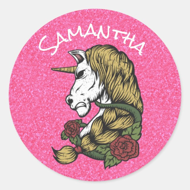 Sticker Rond Guerrier Unicorn Party Pride rose (Devant)