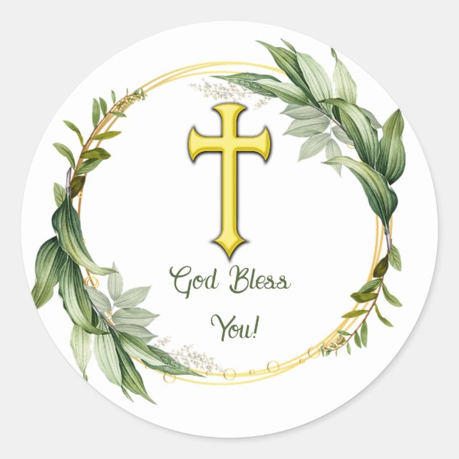 Sticker Rond Guirlande à feuilles modifiables et Croix Dieu vou (Devant)