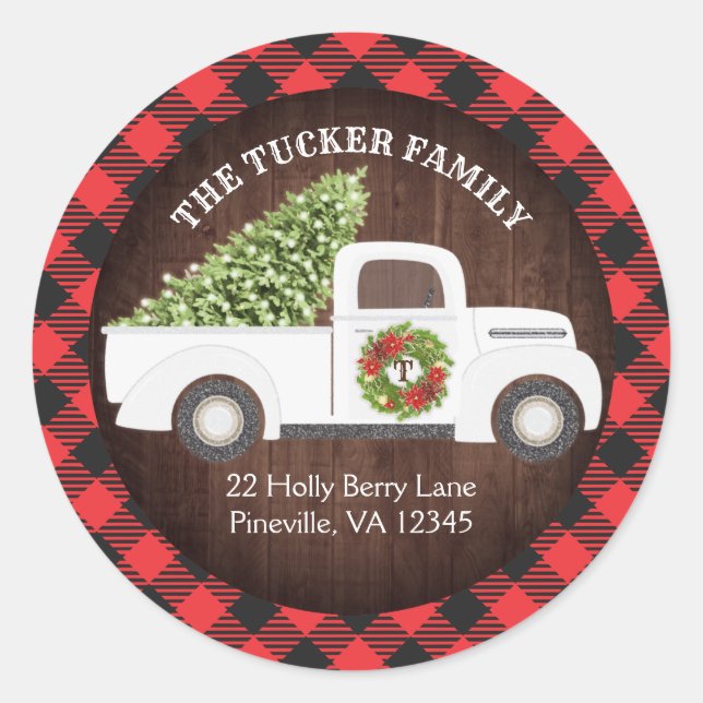 Sticker Rond Guirlande de camion pour un Noël blanc Plaid Adres (Devant)