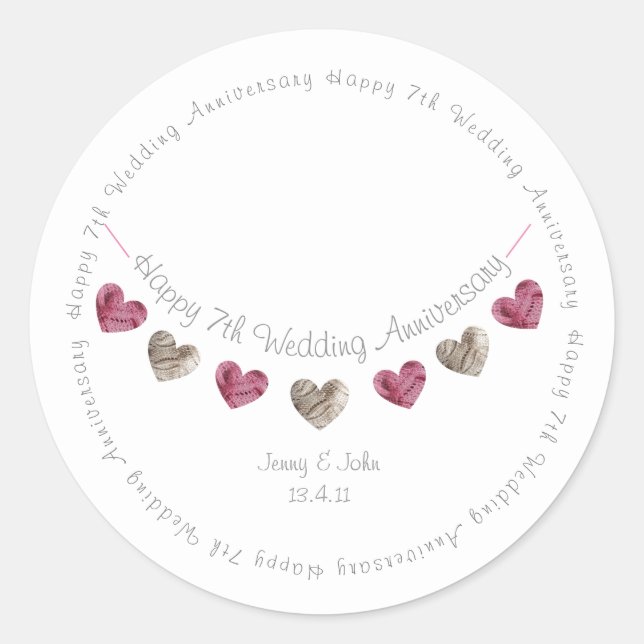 Sticker Rond Guirlande de coeurs en laine pour 7ème anniversair (Devant)