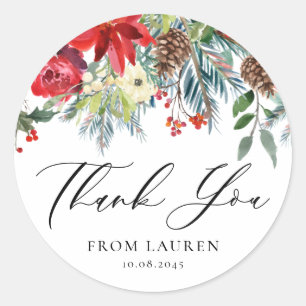 Sticker Rond Guirlande de fleurs d'hiver à l'aquarelle Merci