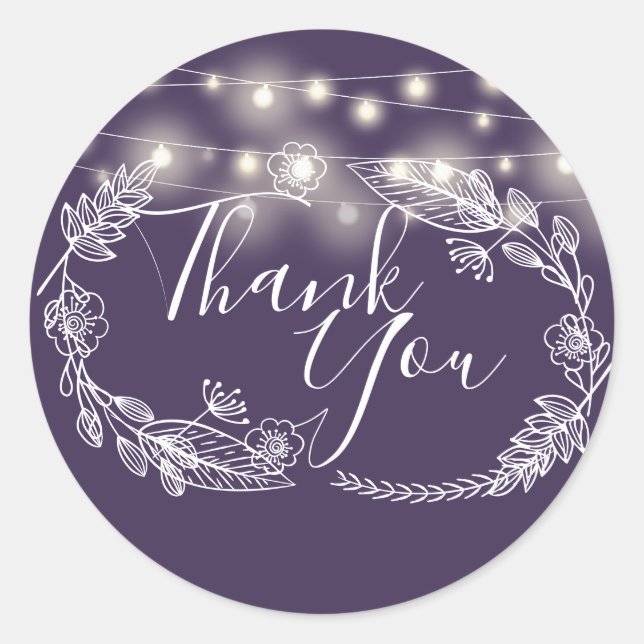 Sticker Rond Guirlande de lumières violettes florales Merci (Devant)