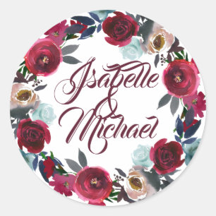 Sticker Rond Guirlande florale de Bourgogne Mariage personnalis