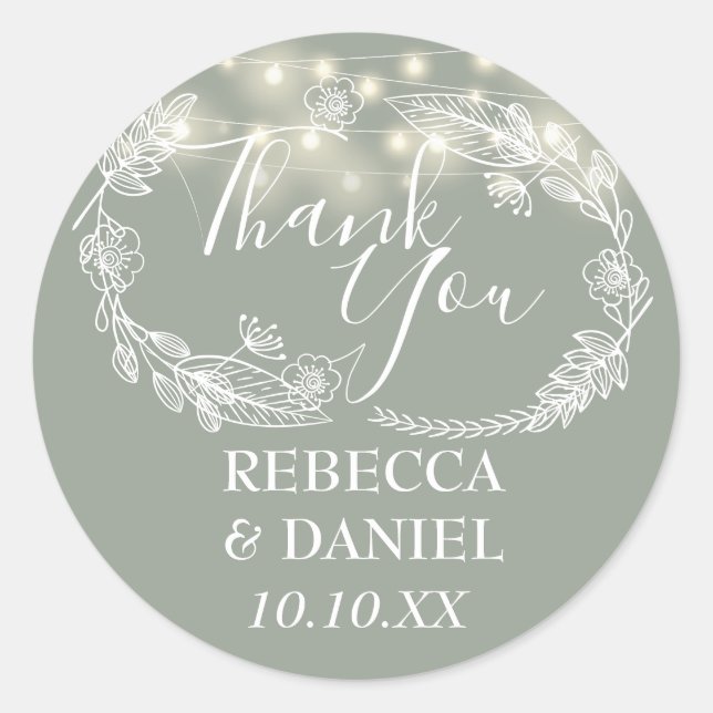 Sticker Rond Guirlande Lumineuse Verte Sauge Fleurs Merci (Devant)