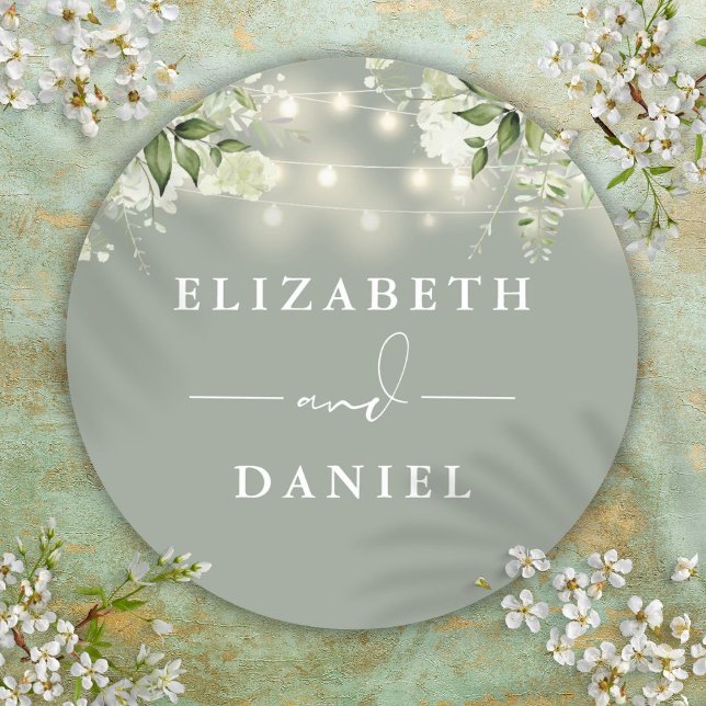 Sticker Rond Guirlandes de lumières florales vert sauge Faveur  (String Lights Floral Sage Green Wedding Favor Classic Round Sticker)