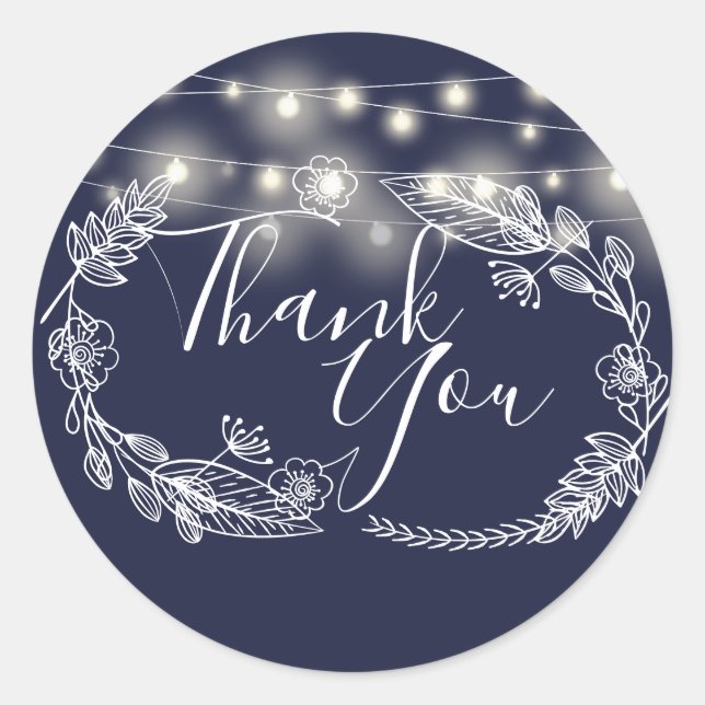 Sticker Rond Guirlandes lumineuses Bleu marine Floral Merci (Devant)