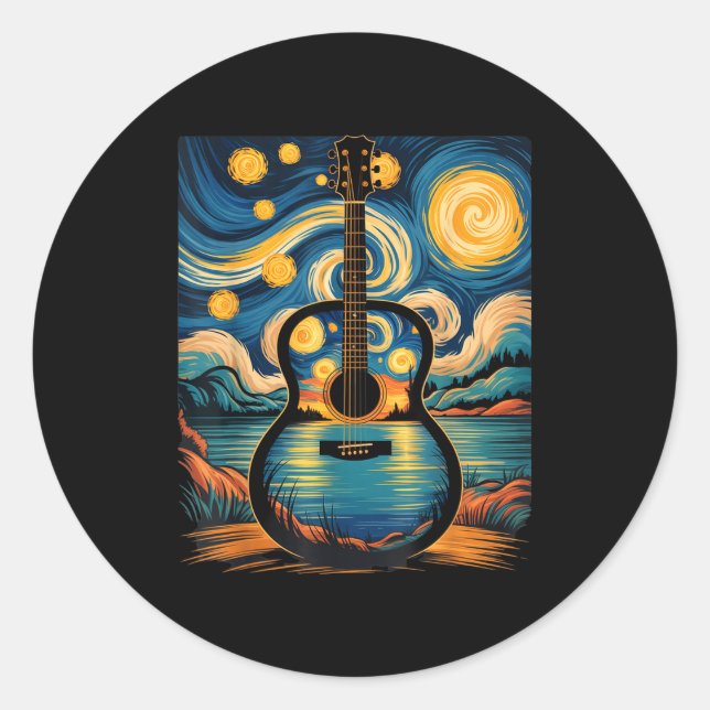 Sticker Rond Guitar Lake Starry Night Music Guitarist Van Gogh  (Devant)