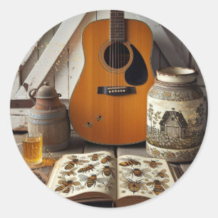 Sticker Rond Guitare Acoustique Abeilles Vie Rurale Nature