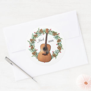 Sticker Rond Guitare classique Noël Wreath Pine Cones Musique