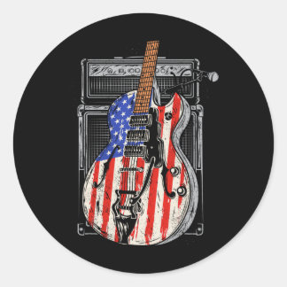 Sticker Rond Guitare Drapeau Américain 4 Juillet Guitariste Éta
