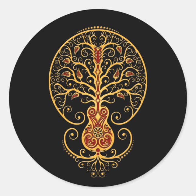Sticker Rond Guitare rouge d'or sur le noir (Devant)