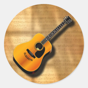 Sticker Rond Guitare vintage acoustique avec le nom de coutume