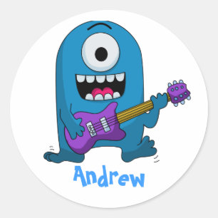 Sticker Rond Guitariste bleu mignon de monstre