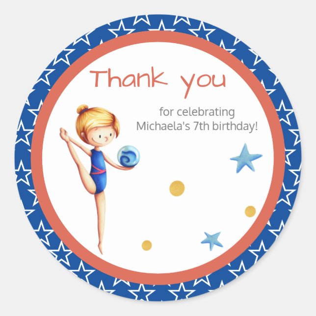 Sticker Rond Gymnaste de filles bleues et rouges avec anniversa (Devant)