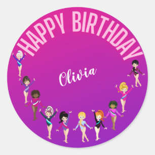 Sticker Rond Gymnastique Amis "Joyeux Anniversaire" Rose violet