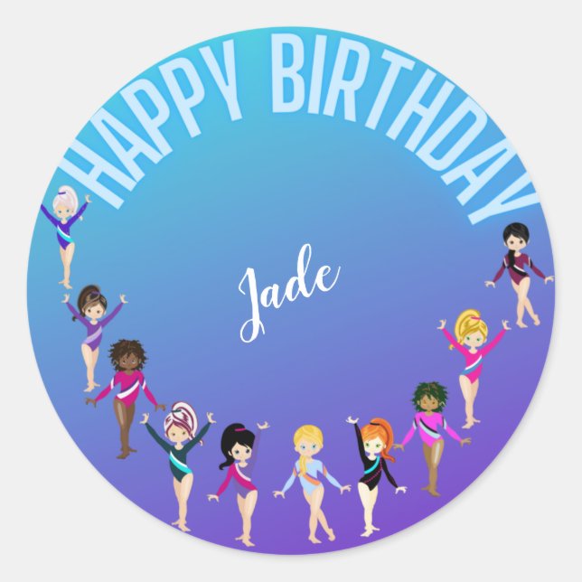 Sticker Rond Gymnastique Amis "Joyeux Anniversaire" Turquoise (Devant)