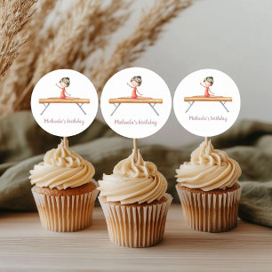 Sticker Rond Gymnastique fille sur poutre rose et blanc anniver