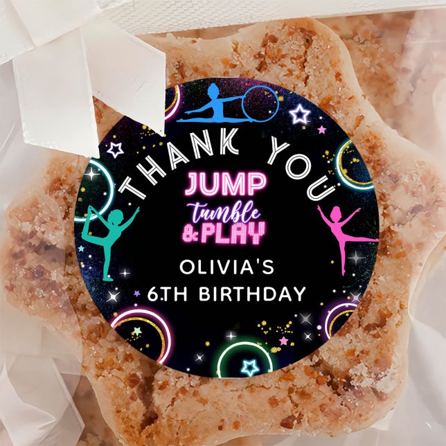 Sticker Rond Gymnastique Jump Tumble Jouer Anniversaire Merci (Créateur téléchargé)