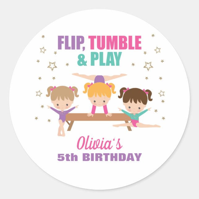 Sticker Rond Gymnastique rose violet turquoise fille Anniversai (Devant)