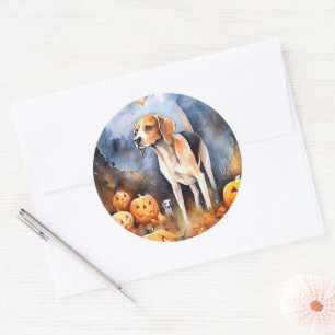 Sticker Rond Halloween American English Foxhound avec citrouill