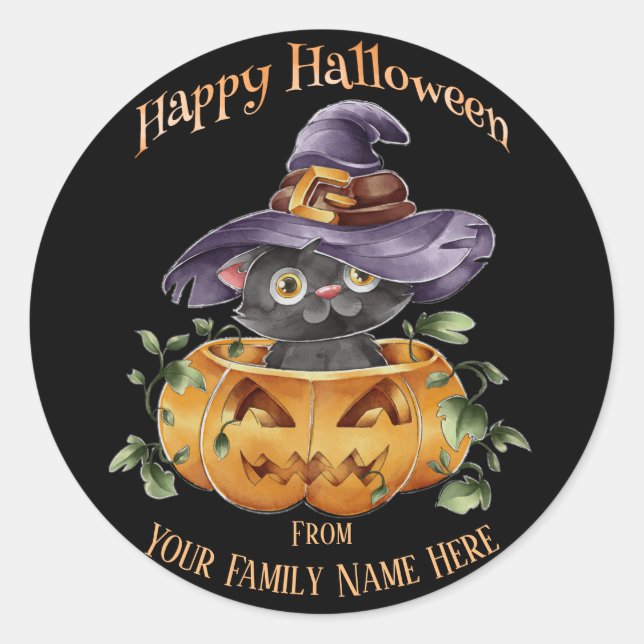 Sticker Rond Halloween - Aquarelle Cute Kitten en Citrouille (Devant)