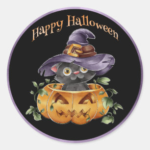 Sticker Rond Halloween - Aquarelle Cute Kitting en Citrouille