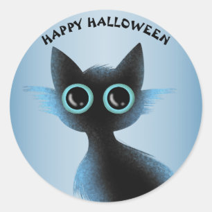 Sticker Rond Halloween Big Eyes Black Blue Evil Chat