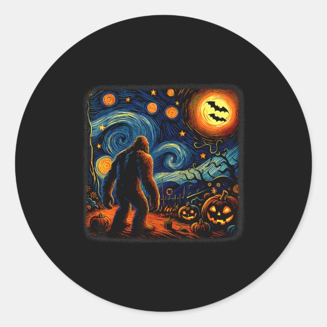 Sticker Rond Halloween Bigfoot Starry Night Van Gogh Sasquatch  (Devant)