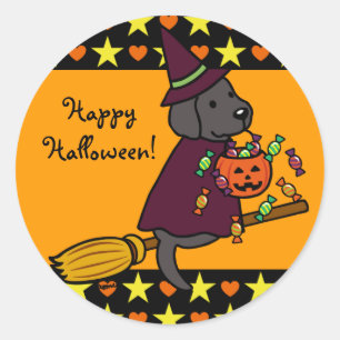 Sticker Rond Halloween Black Labrador et Broom Stars