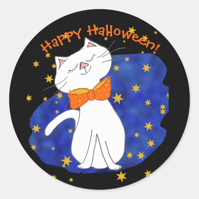 Sticker Rond Halloween blanc Cate Bleu étoile nuit (Devant)