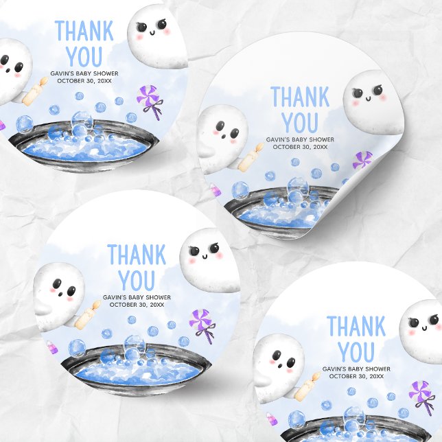 Sticker Rond Halloween bleu C'est un Baby shower garçon (Oh Sheet It's a Boo-y Halloween Baby Shower Sticker)