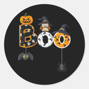 Sticker Rond Halloween Boo Owl avec sorcière Casquette araignée