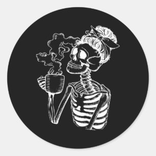 Sticker Rond Halloween Café Boire Squelette Enseignant Lazy Di